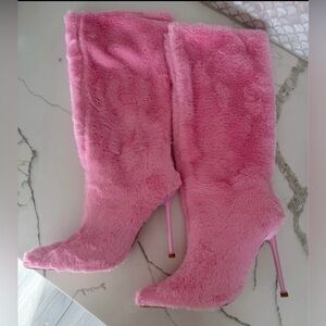 Pink Faux-Fur Stiletto Knee Boots - Women